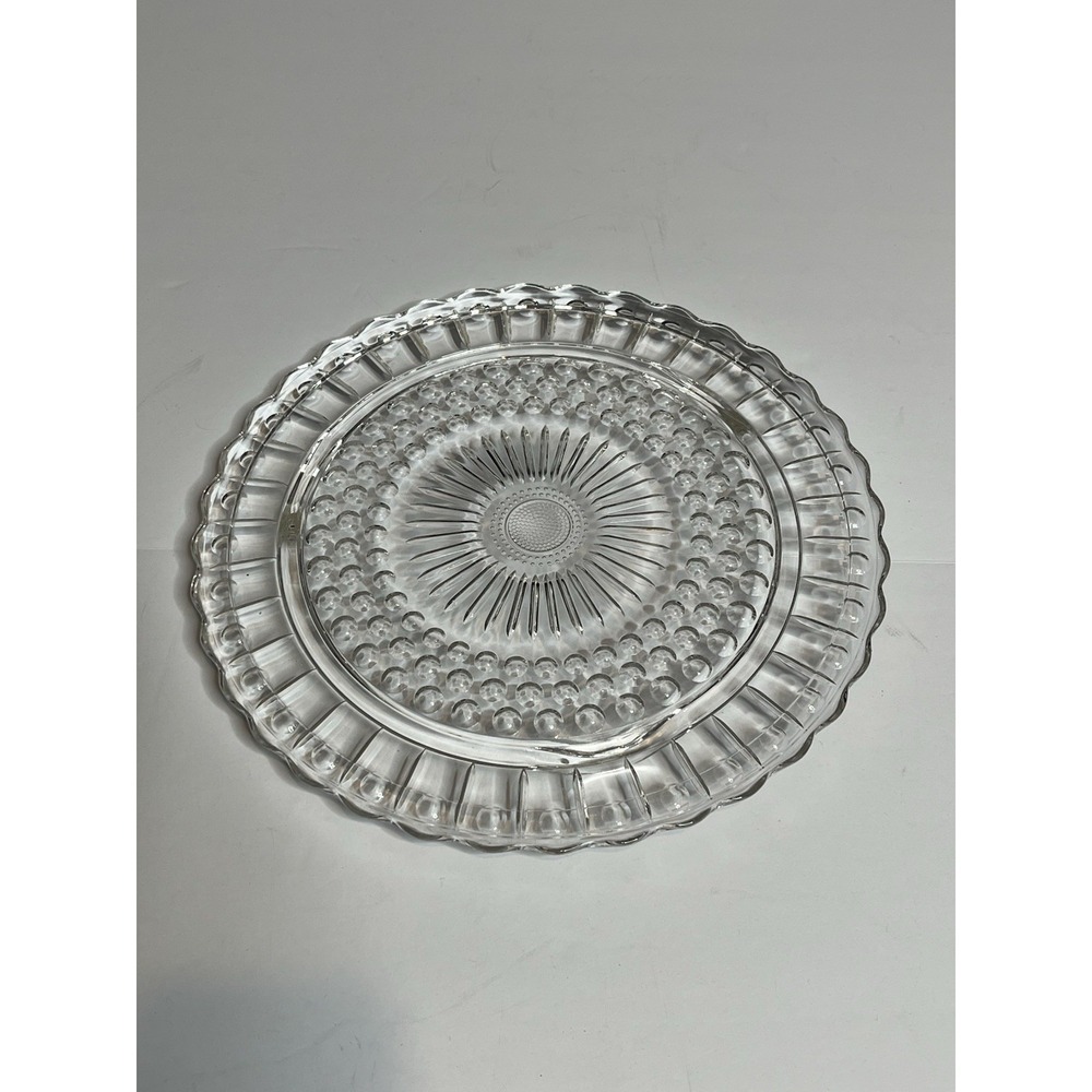 Vintage Federal Glass Co Footed Cake Plate Clear Dots Panels Sunburst 11 3/8"